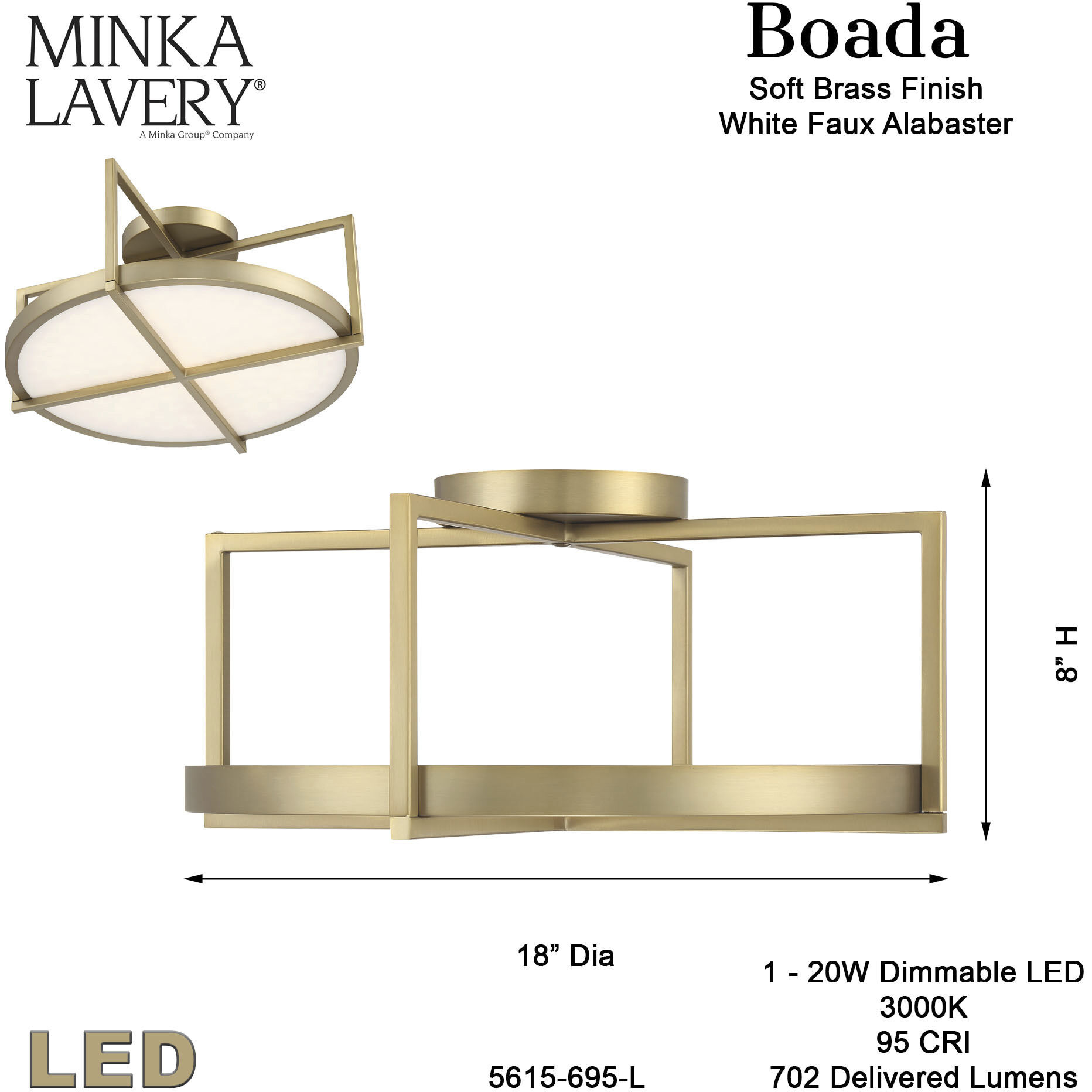 Boada LED 18 inch Soft Brass Semi Flush Ceiling Light